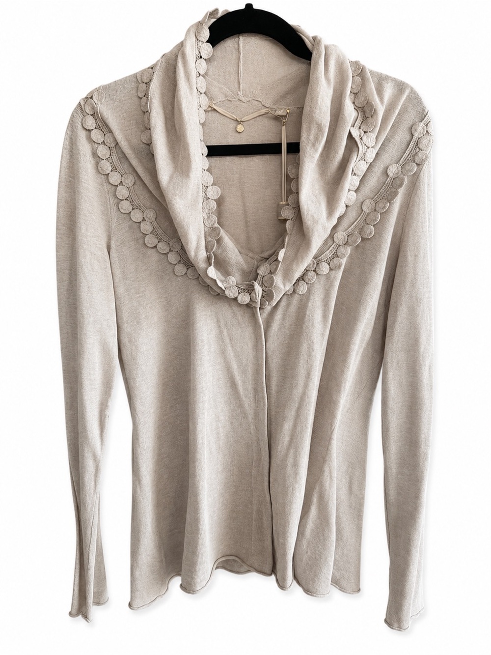 NWT Knitted & Knotted Linen Cotton Cowl Neck Crochet Appliqué Sweater Drape M